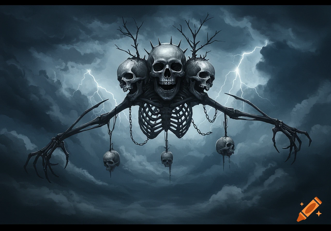 A three-headed skeleton monster with thorny branches and dangling skulls floats in a stormy sky with lightning.
