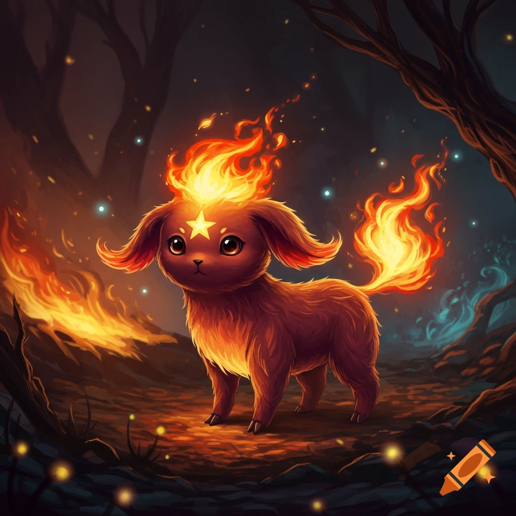 A cute, brown, furry creature with fiery ears and tail, and a star on its forehead, stands in a dark, glowing forest.