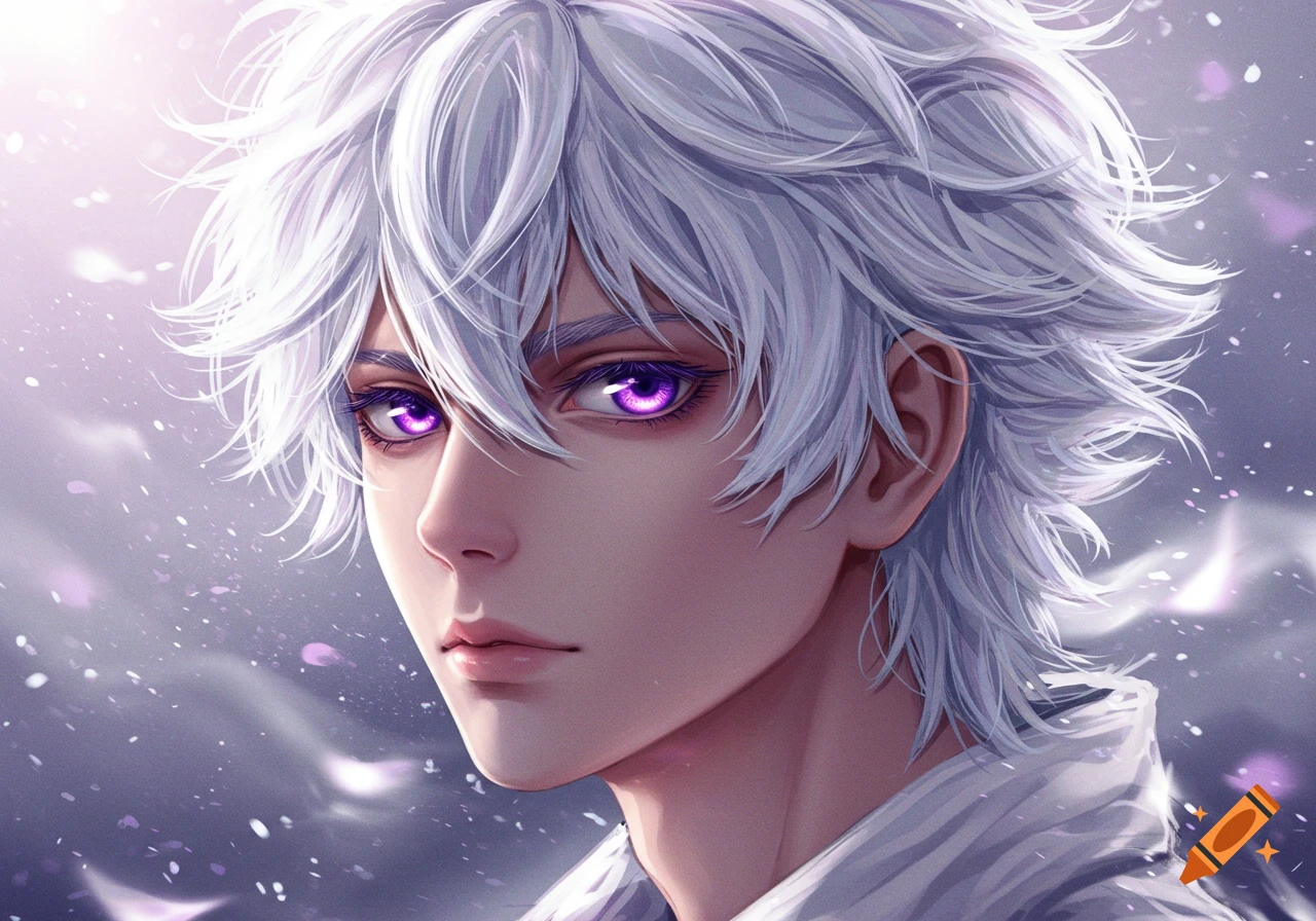 Close-up of an anime man with short, messy white hair and glowing purple eyes, looking intently.