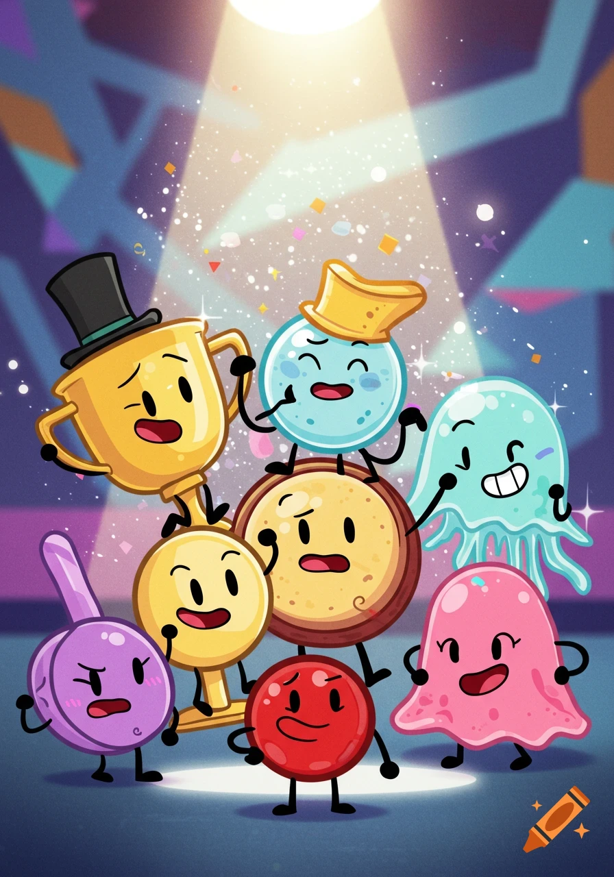 A group of cheerful, colorful anthropomorphic object characters, including a golden trophy, a blue bubble, and a pink jellyfish, stand under a spotlight with confetti.