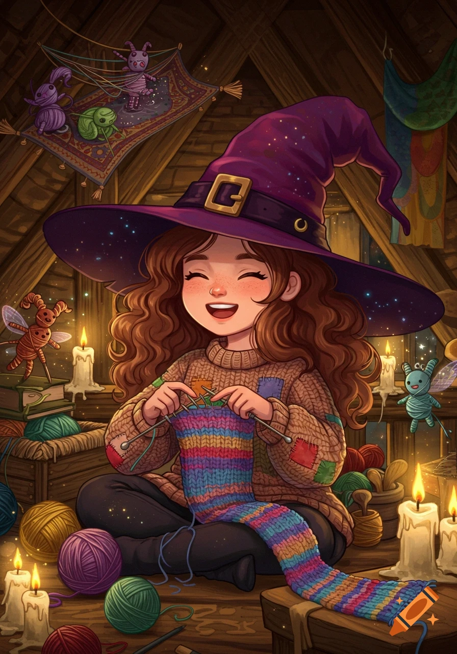 A cute witch with curly hair knits a colorful scarf in a cozy attic with yarn, candles, and small yarn creatures.