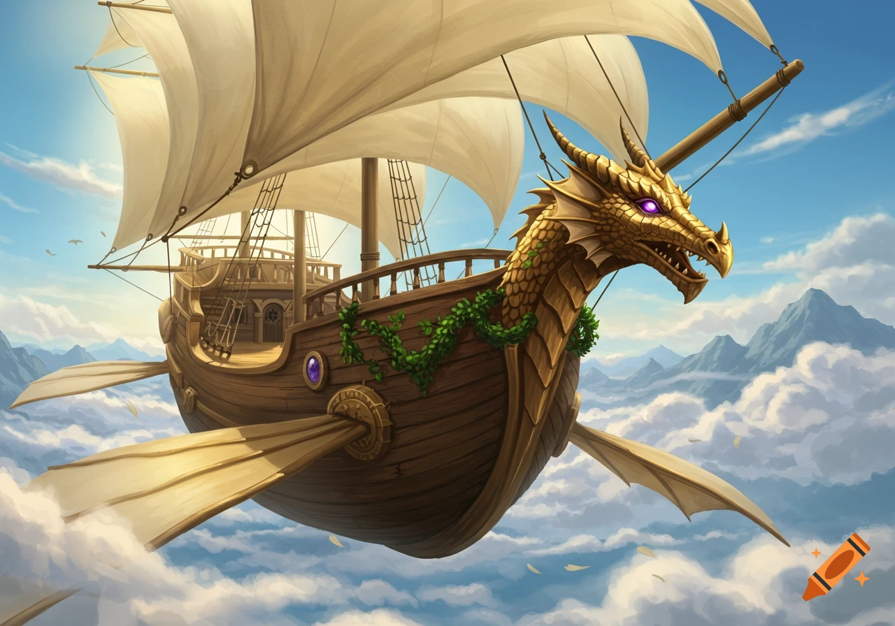 A detailed fantasy illustration of a wooden flying ship with white sails and a golden dragon head, soaring through a blue sky above clouds and mountains.