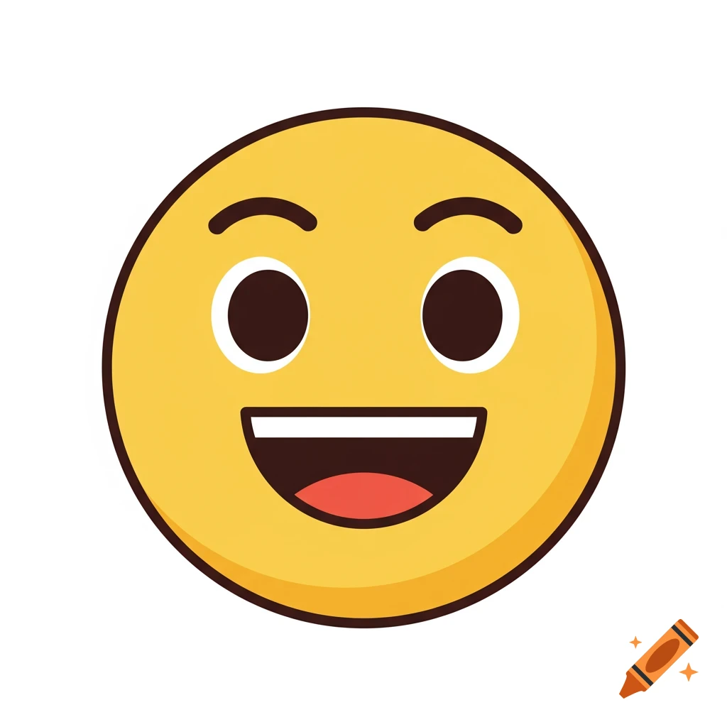 A yellow happy emoji with a wide smile, black eyes, and black eyebrows.