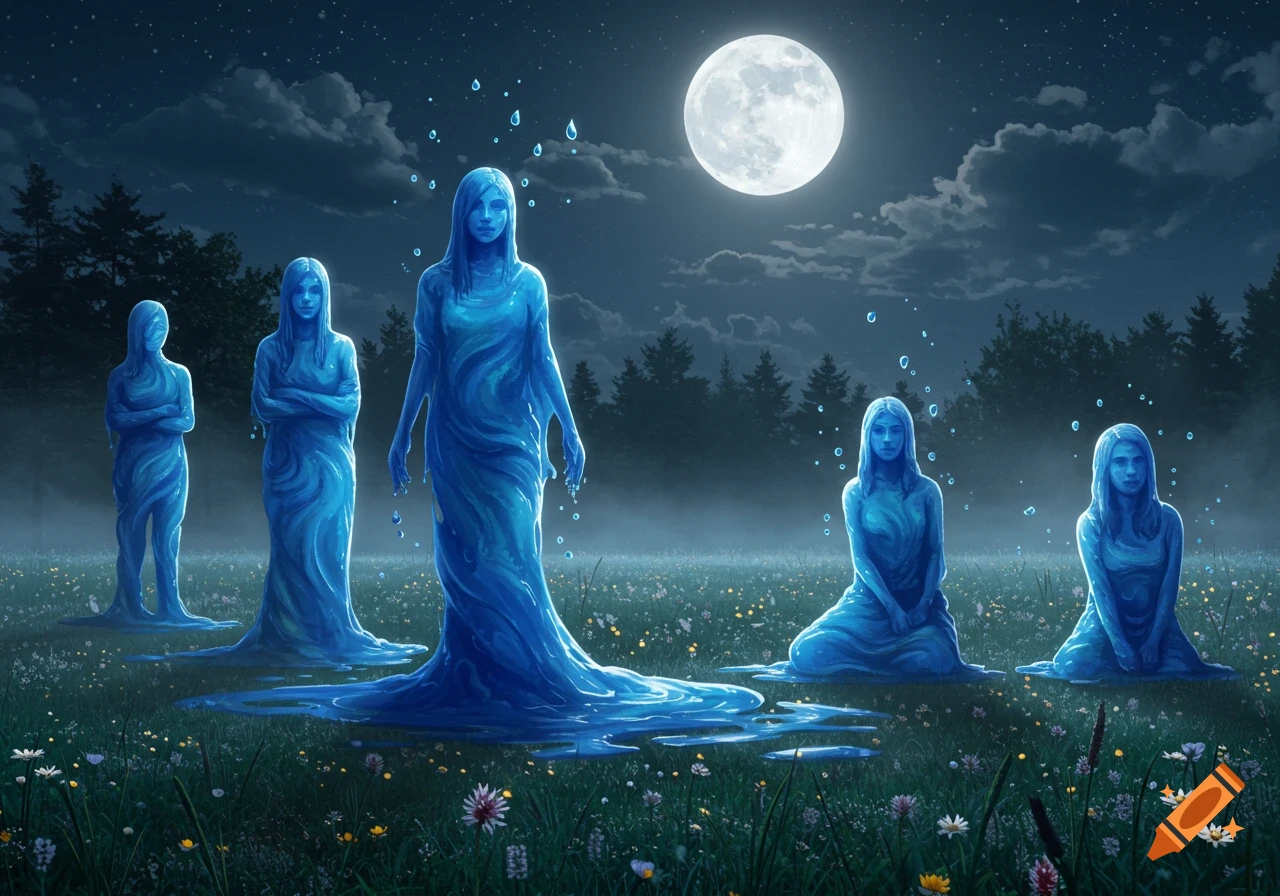 Blue liquid figures stand and kneel in a moonlit grassy field at night, water droplets floating around them in a fantasy illustration.