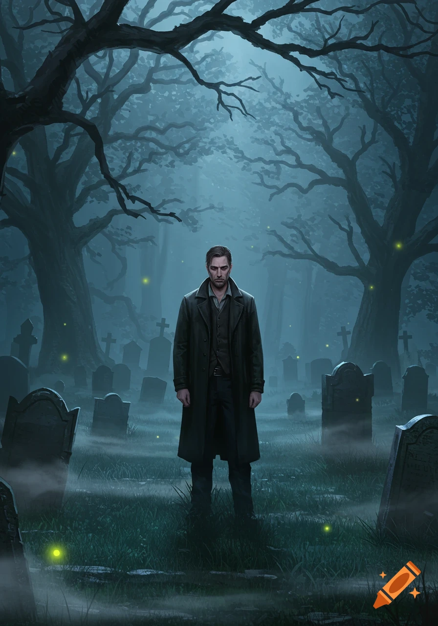 A man in a trench coat stands in a misty graveyard at night, with fireflies and ancient trees, digital art.