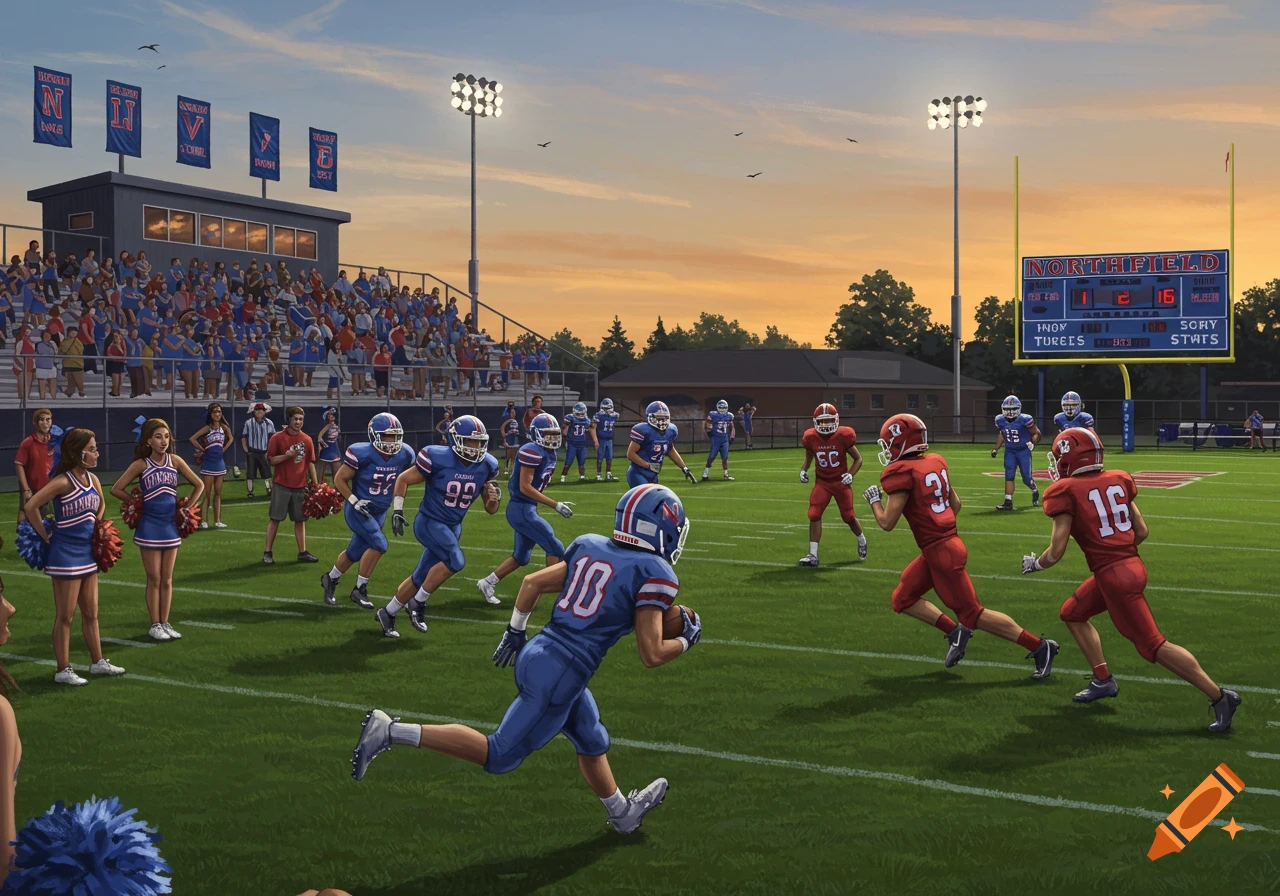 A high school football game at sunset, with players in blue and red uniforms on the field, cheerleaders on the sidelines, and spectators in the stands.