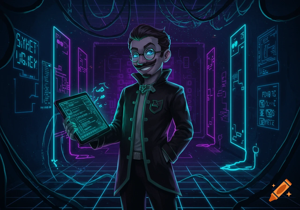 A smiling, mustachioed man with glasses holds a glowing tablet in a neon blue and purple digital landscape with wires and screens.