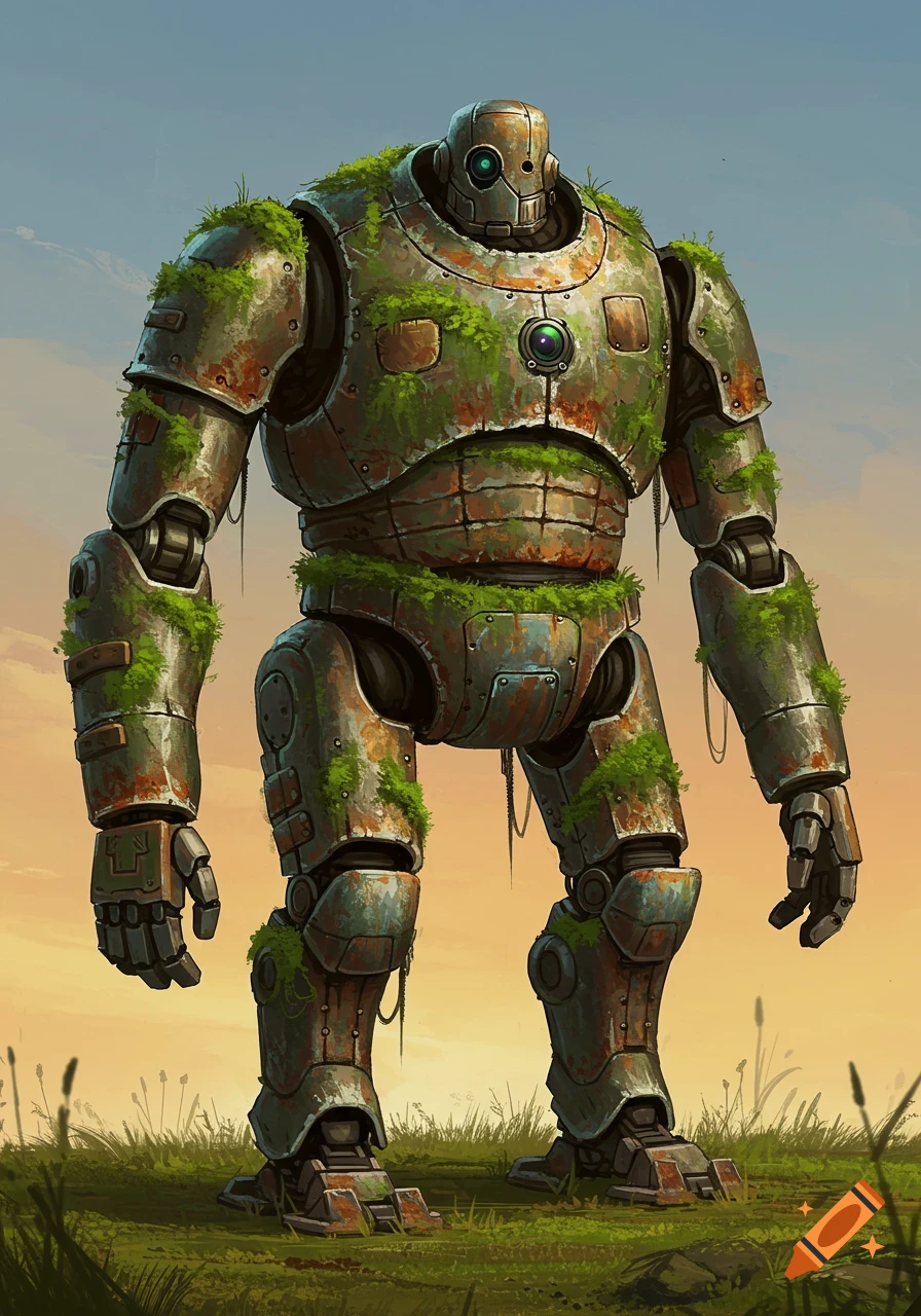 A large, weathered, and moss-covered robot with rusty armor stands in a grassy field under a pale sky.