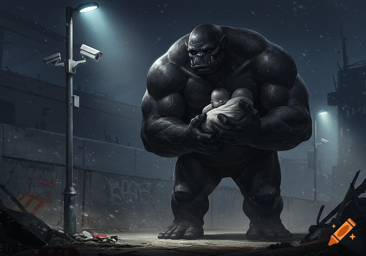 A large, muscular ogre-like creature gently holds two swaddled babies on a dark, snowy urban street. Digital art.