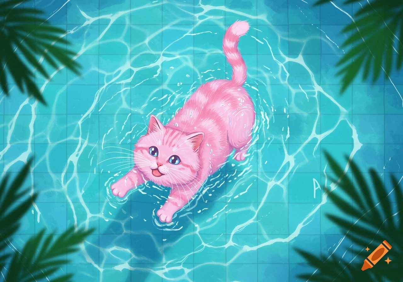 An overhead illustration of a happy pink cat swimming in a bright blue pool with visible water ripples and palm fronds.