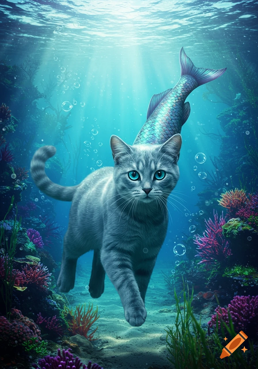 A grey cat with bright blue eyes and a shimmering blue fish tail swims gracefully underwater amidst colorful coral reefs and bubbles.