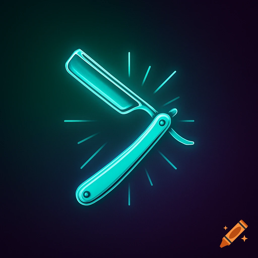 A neon straight razor with teal and green glow against a dark background, surrounded by light rays.