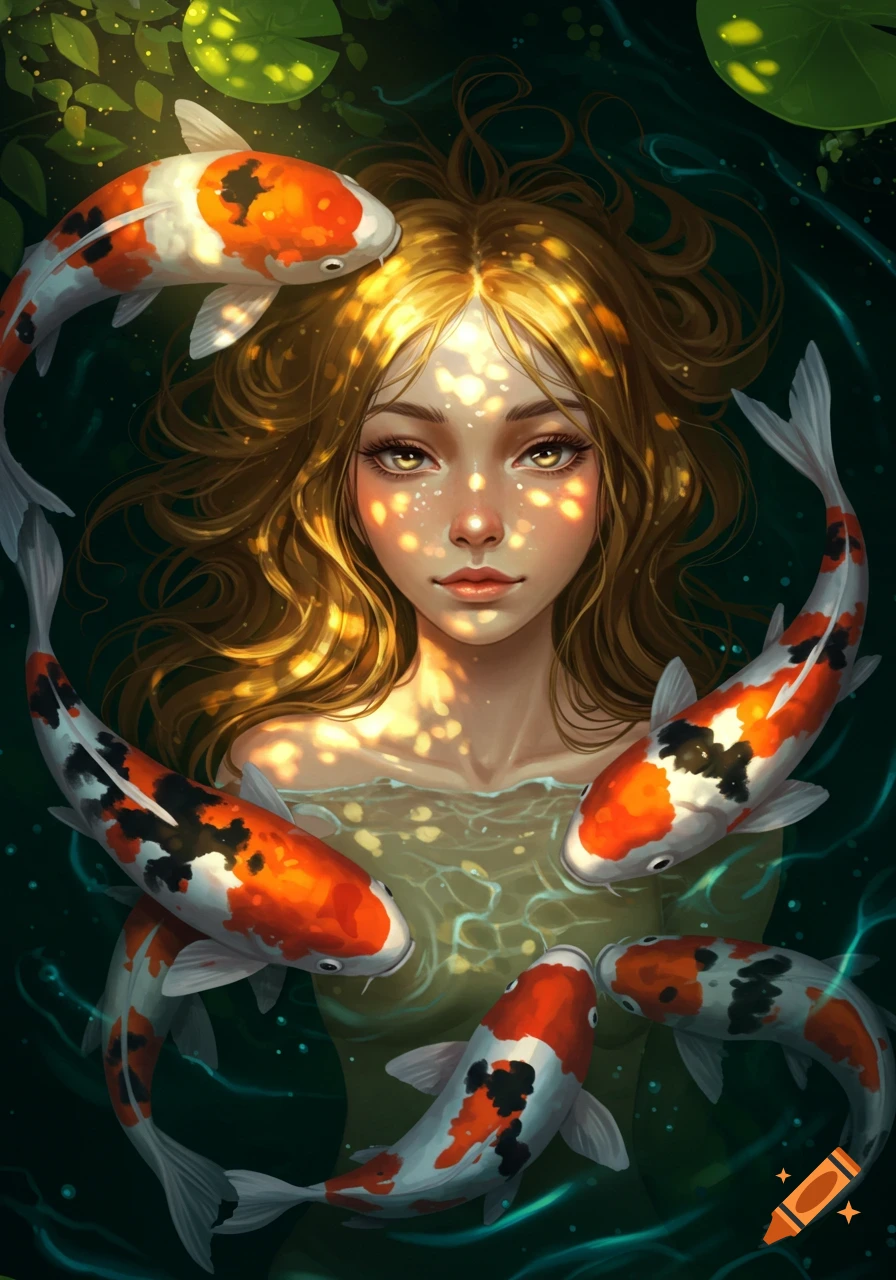 A digital painting of a woman with golden hair floating in water, surrounded by koi fish, with dappled sunlight.