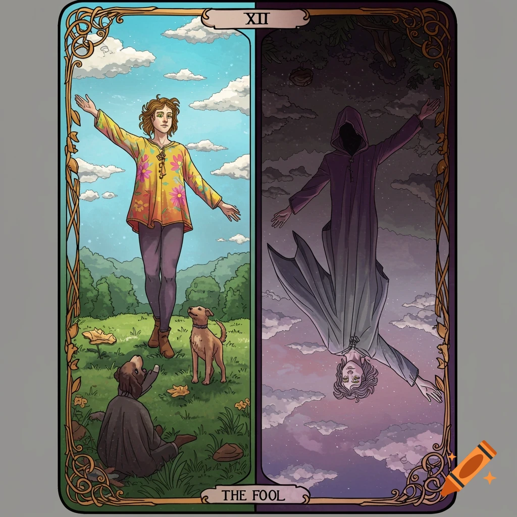 An ornate tarot card illustration split vertically. The left side shows a youthful figure with outstretched arms and dogs in a sunny, green landscape. The right side shows an inverted, hooded figure in a dark, cloudy sky. Both halves are framed by an Art Nouveau border, with "XII" at the top and "THE FOOL" at the bottom.