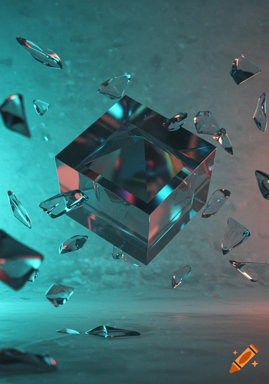 A transparent glass cube shatters, with many shards floating around it, illuminated by teal and orange light against a textured background.