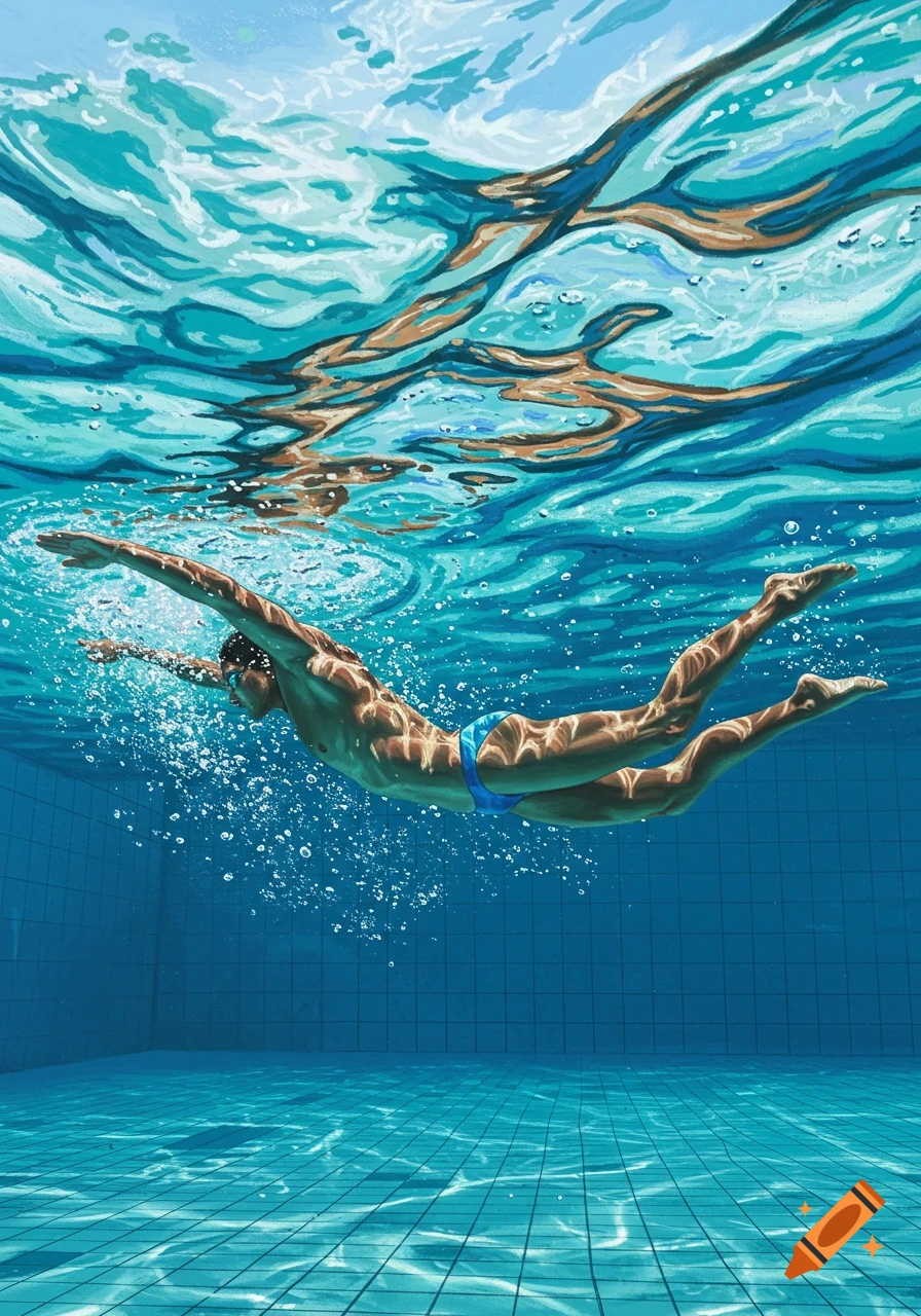 An underwater view of a swimmer in blue briefs powering through the clear water of an Olympic pool.