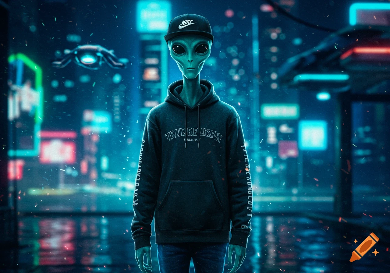 A stylized green alien wearing a black Nike baseball cap and a black True Religion hoodie stands in a futuristic, neon-lit city at night, with a drone-like object flying in the background.