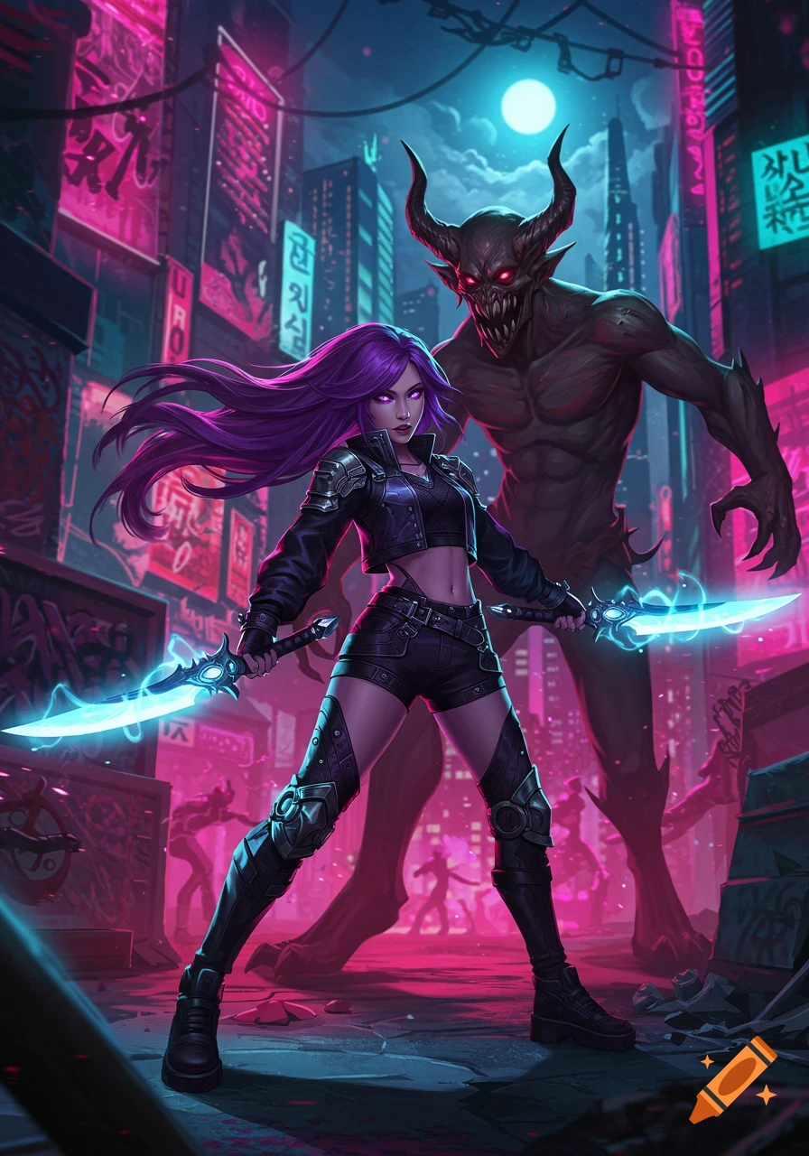 A purple-haired woman with glowing eyes and two glowing swords stands in a neon-lit cyberpunk city with a large horned monster behind her, stylized digital art.