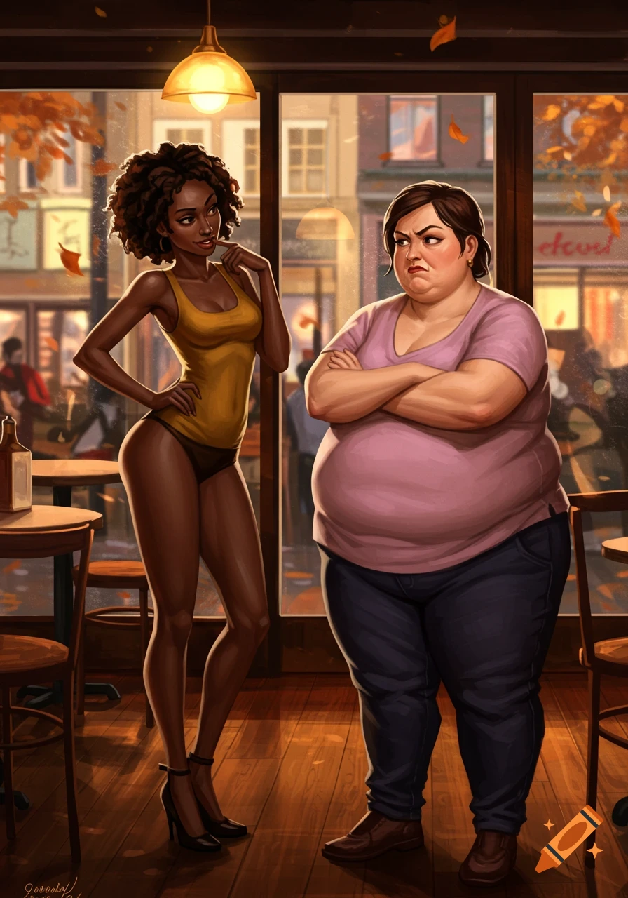 A thin Black woman in a yellow top and underwear smirks at a frowning obese white woman in a pink shirt inside a cafe. Autumn leaves fall outside.