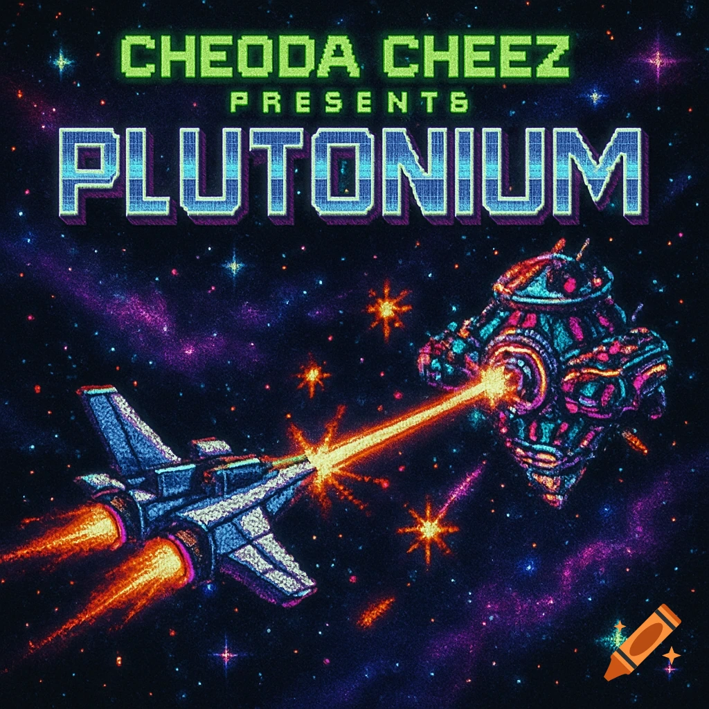 A vibrant pixel art style image of a spaceship shooting a laser at an alien ship in outer space, with stars and nebulae. Text at the top reads "CHEODA CHEEZ PRESENTS PLUTONIUM."