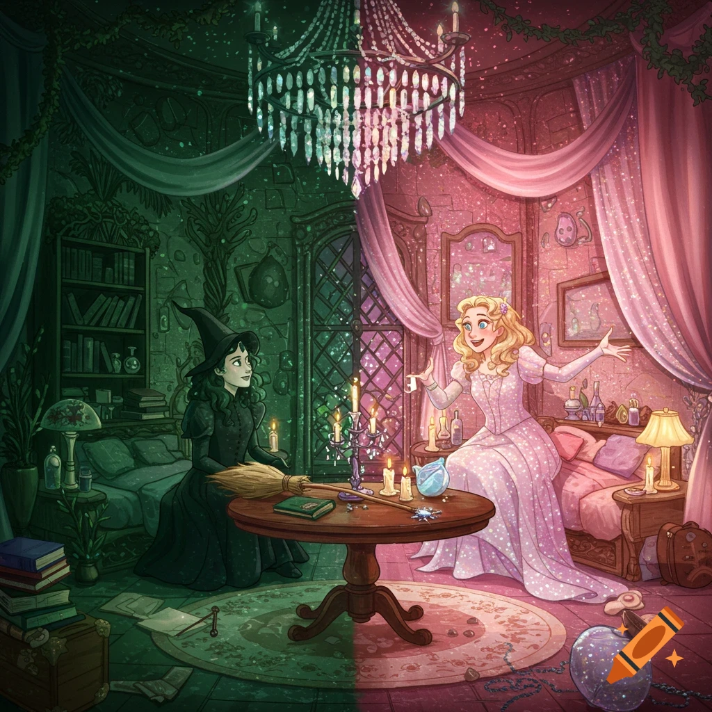 Illustration of a room split between a witch's dark green side and a princess's pink sparkly side, with two women.