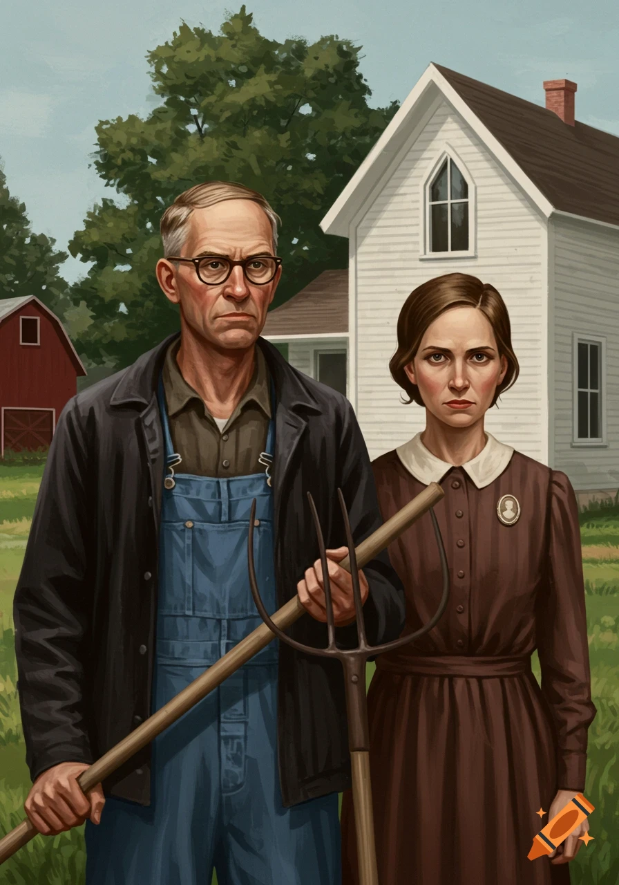 A digital painting in the style of American Gothic, featuring a stern farmer with a pitchfork and a woman in a brown dress, standing in front of a white farmhouse.
