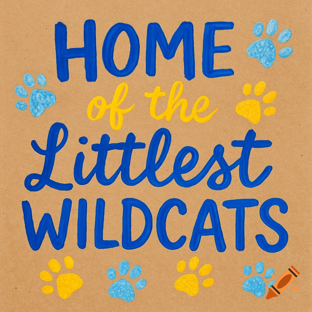 Hand-painted sign on brown kraft paper with 'HOME of the Littlest WILDCATS' in blue and yellow and scattered paw prints.