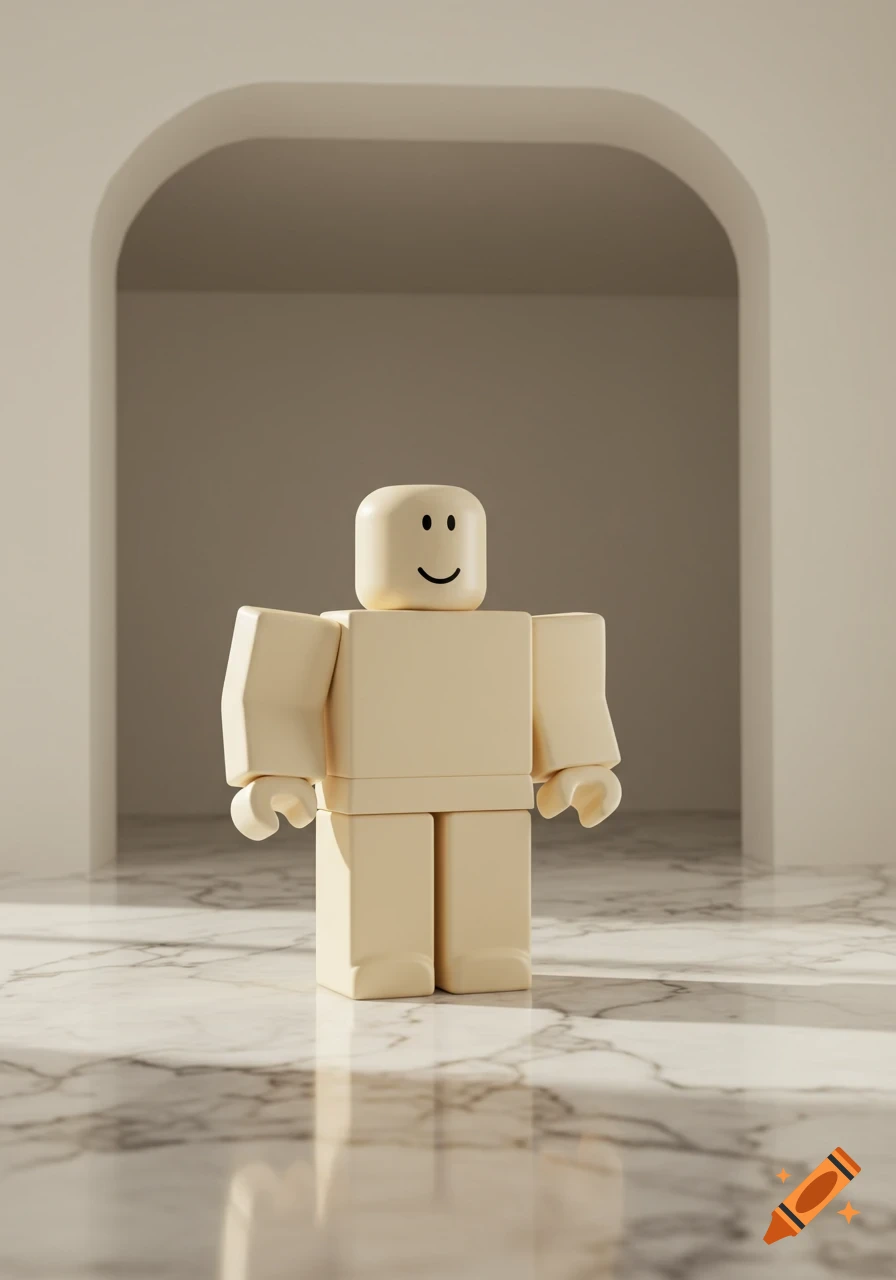 A cream-colored Roblox character with a smiley face stands on a reflective marble floor under an archway, with sunlight casting shadows.
