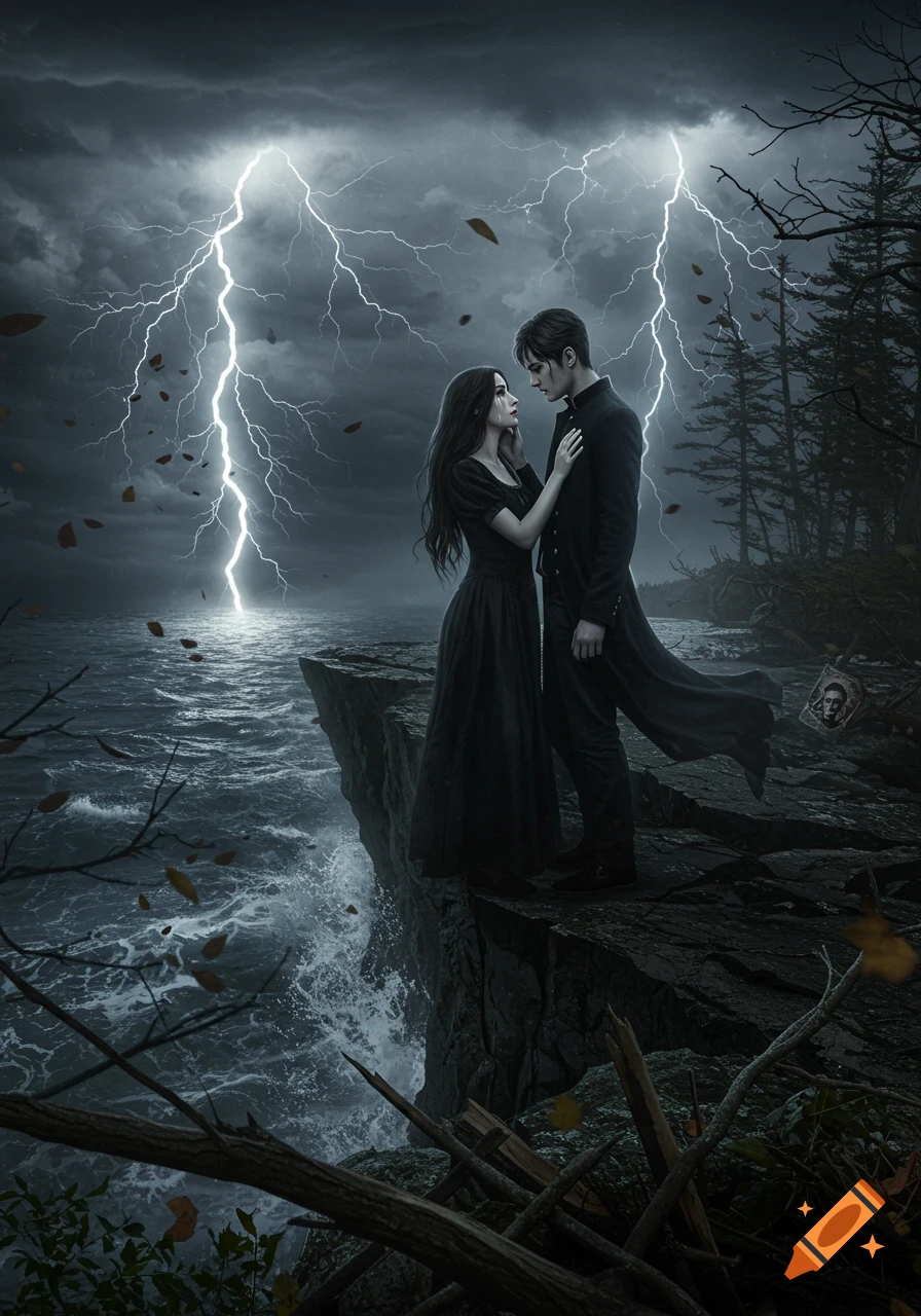 A man and woman in dark clothes stand on a cliff overlooking a stormy sea with lightning, in a dramatic, dark fantasy style.