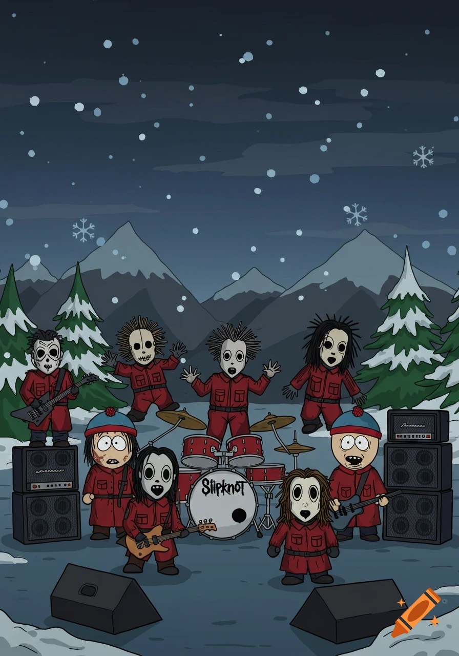 South Park characters dressed as Slipknot band members play instruments in a snowy mountain landscape.