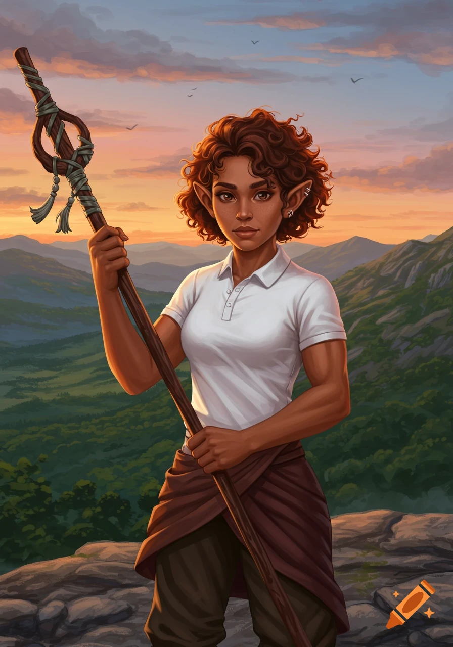 A female halfling with curly hair and pointed ears, wearing a white polo shirt, holds a staff on a mountain at sunset.