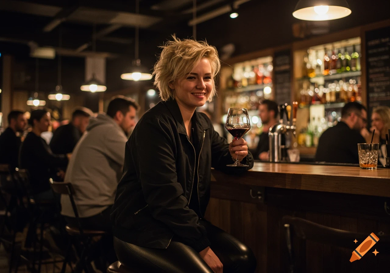 A young blonde woman with short, messy hair, wearing a black jacket and shiny leggings, smiles while holding a glass of red wine at a bar.