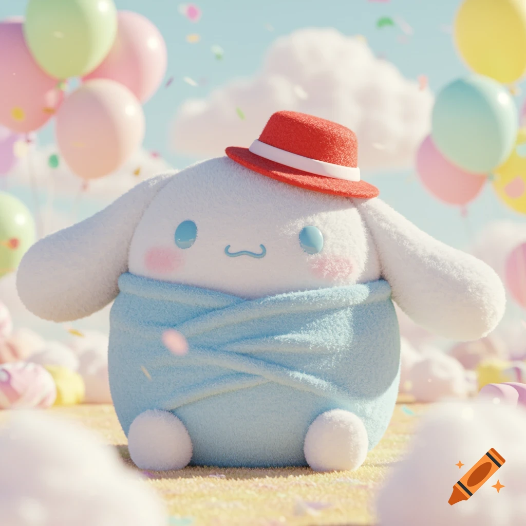 A cute Cinnamoroll plushie with a red hat and blue blanket sits among colorful balloons and confetti under a bright sky.