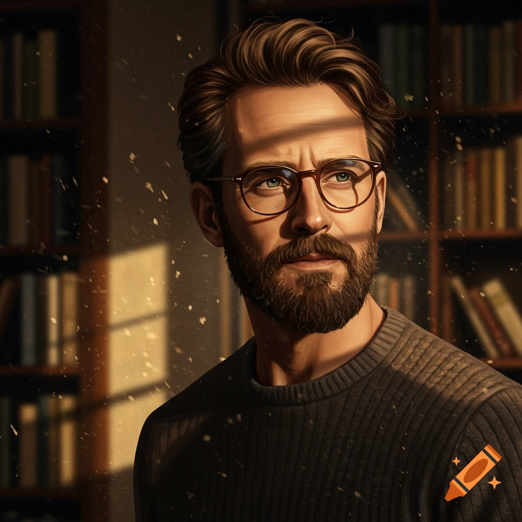 A man with a beard and glasses in a sunlit room, looking thoughtfully towards the light with bookshelves in the background.