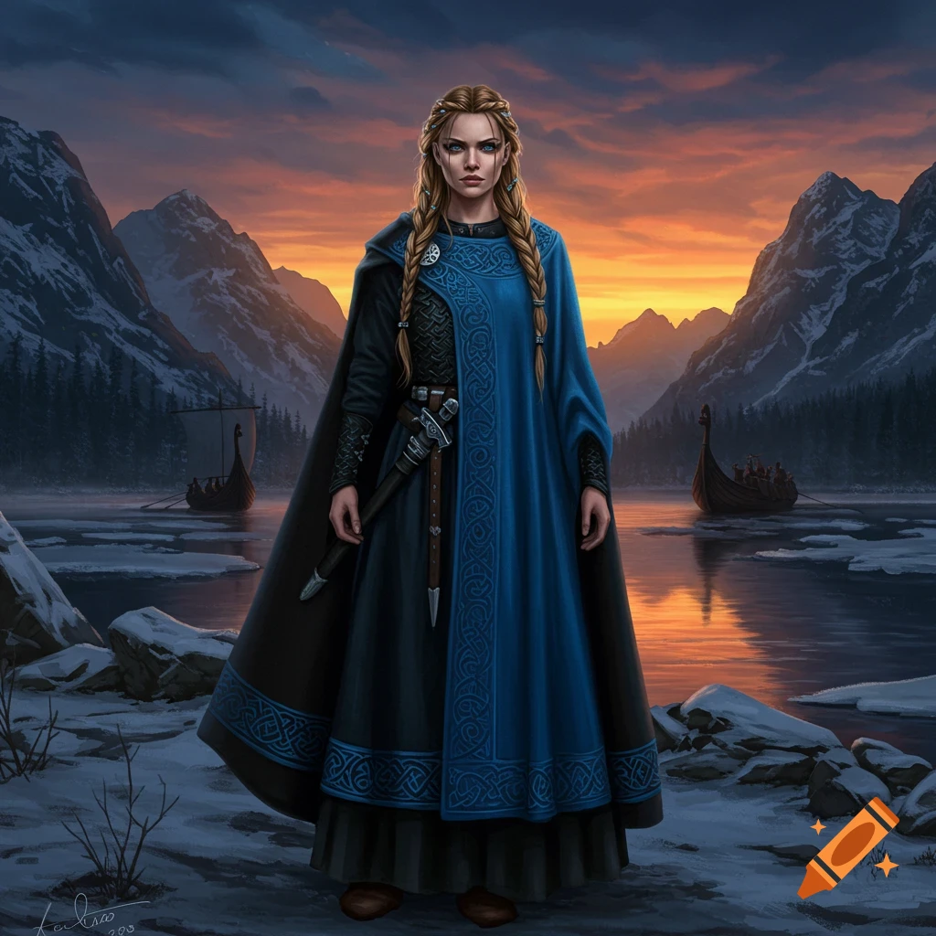 A Viking woman in blue and black traditional dress stands in a snowy mountain landscape at sunset, with longships on a partially frozen lake.