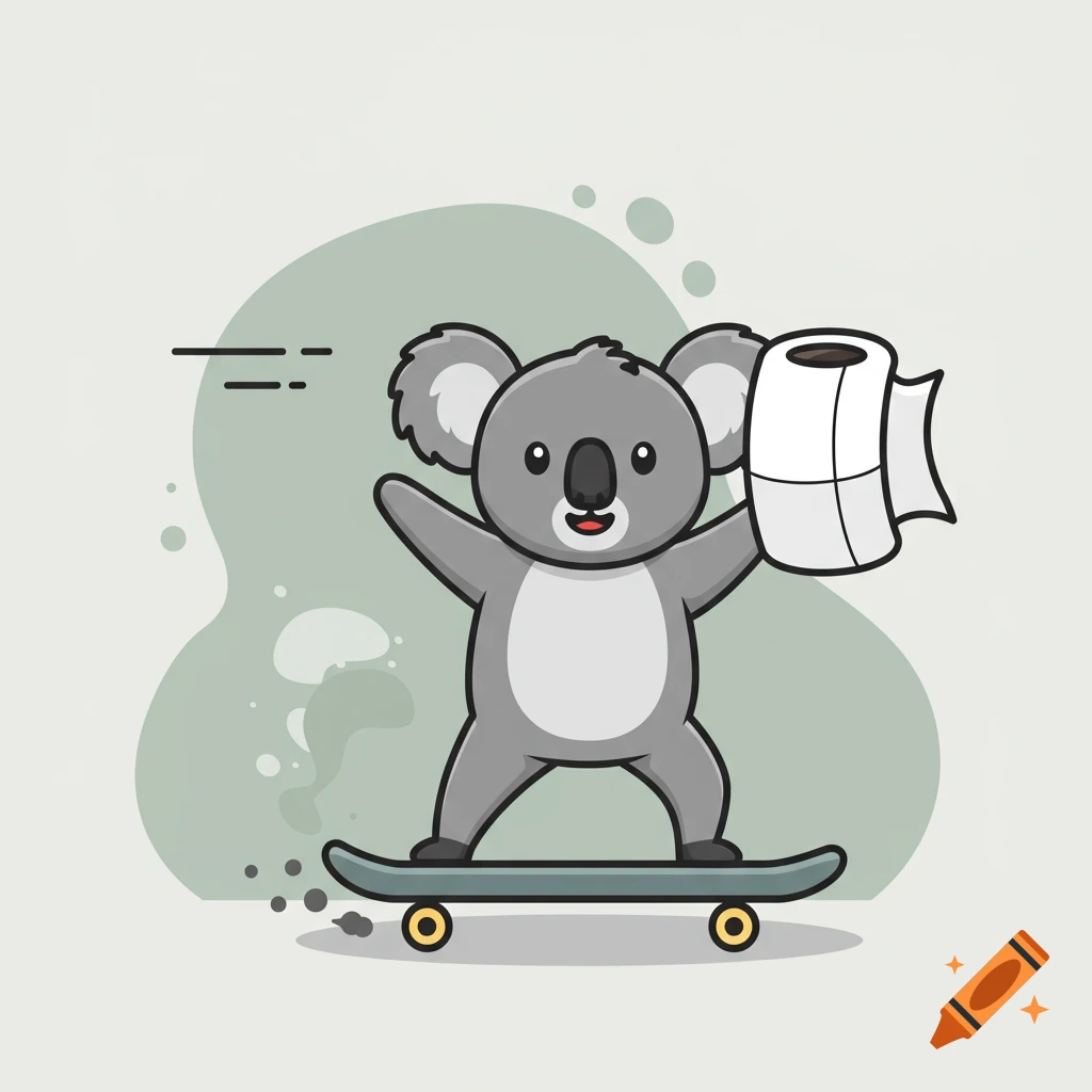 A cartoon koala happily skateboarding while holding up a roll of toilet paper.