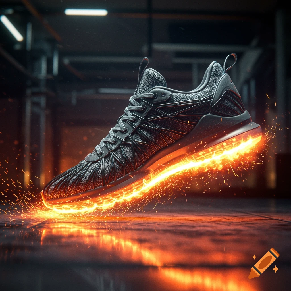 A photorealistic black athletic shoe with fiery propulsion streaks and sparks along its sole, against a dark, industrial background.