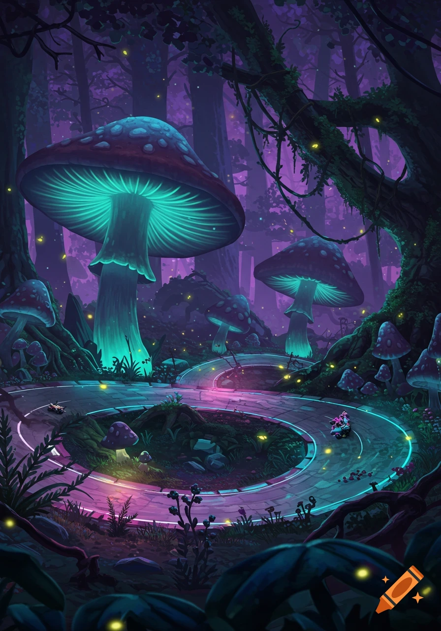 A vibrant, glowing mushroom forest with a neon-lit race track winding through it under a purple twilight sky.