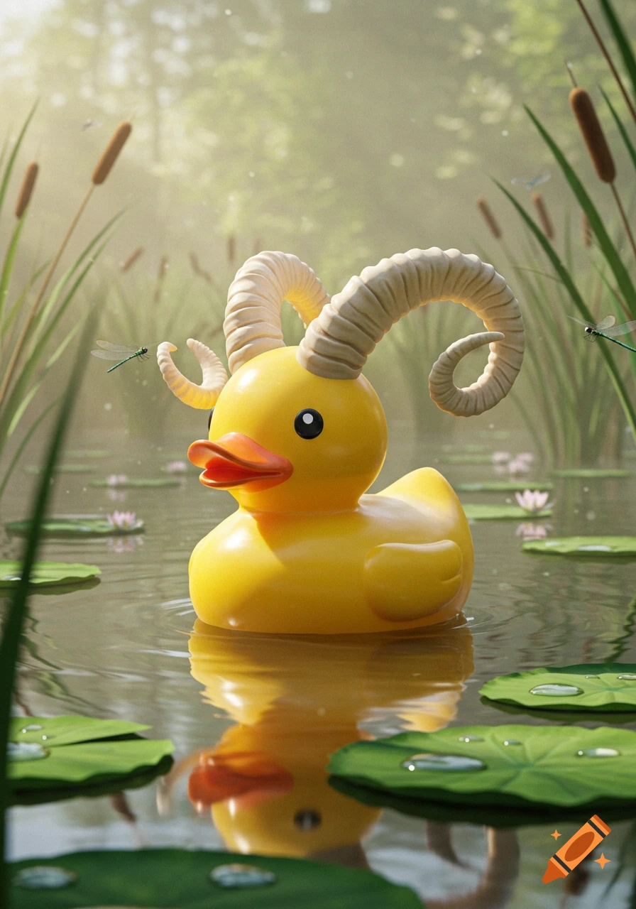A yellow rubber duck with white goat horns floats in a pond surrounded by lily pads and cattails. Dragonflies are visible.