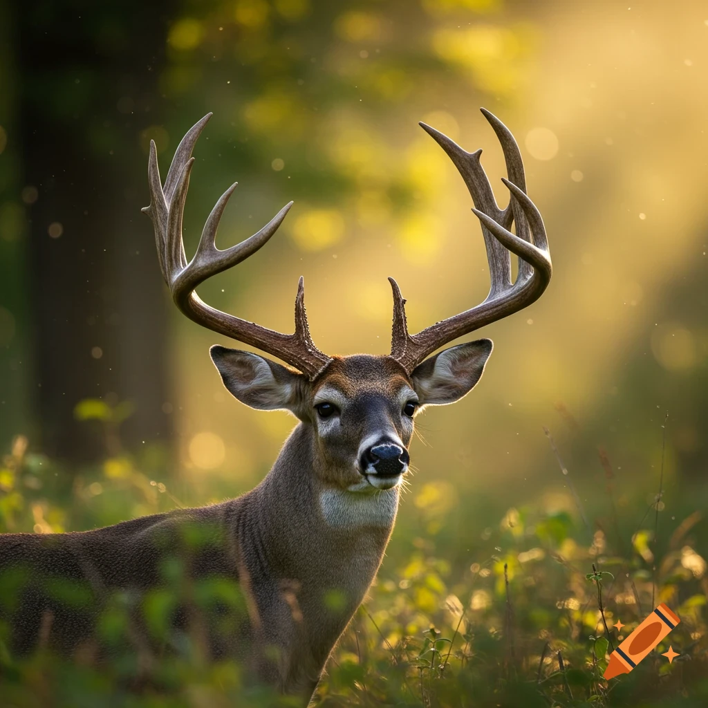 A majestic whitetail deer with large antlers stands in a sunlit forest.