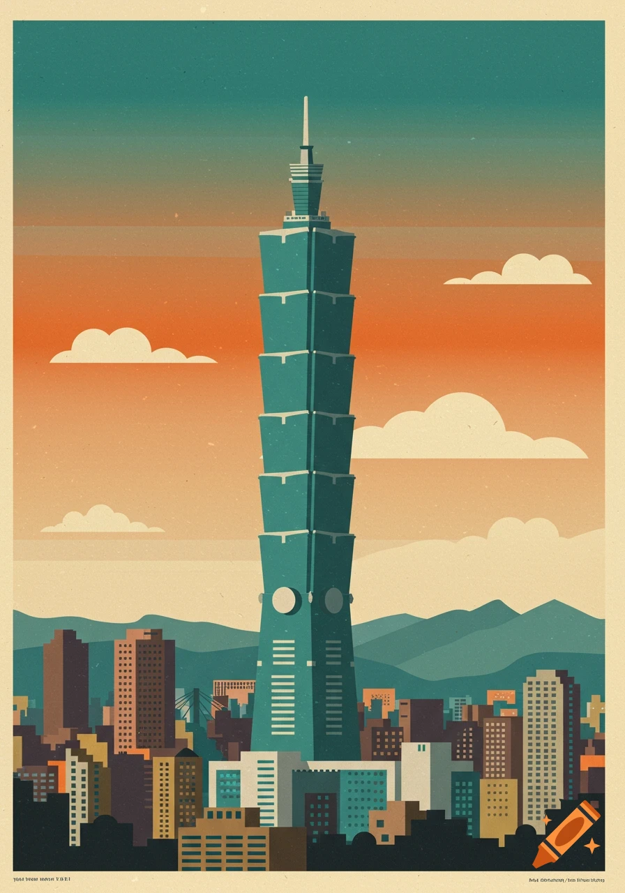 A vintage travel poster in flat illustration style depicts Taipei 101 skyscraper over a city skyline with mountains in the distance under an orange and teal sky.