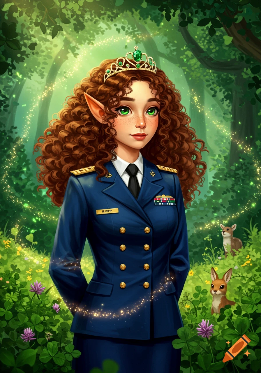Stylized illustration of an elf princess with curly brown hair, green eyes, wearing a US Navy uniform and a tiara, standing in a magical forest.