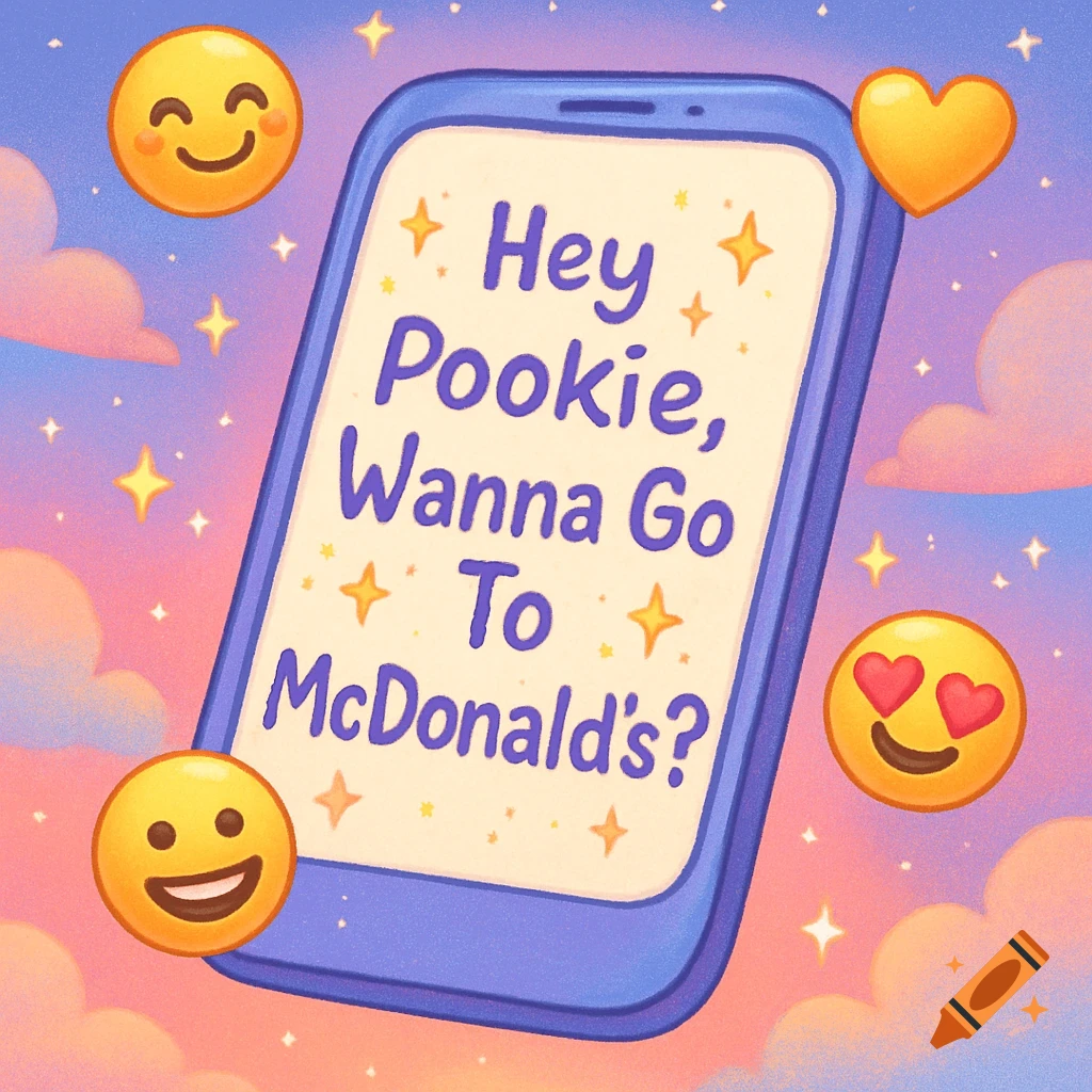 A cute digital illustration of a smartphone displaying a text message 'Hey Pookie, Wanna Go To McDonald's?' against a purple and pink cloudy sky with stars and emojis.