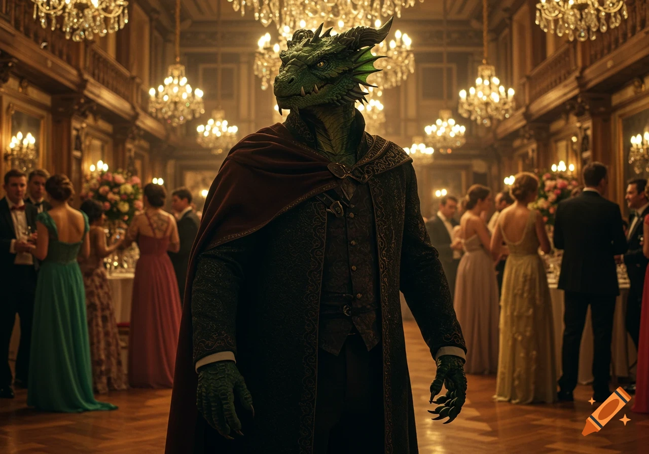 A dragon-like humanoid in formal attire and cape stands in a grand ballroom with guests.