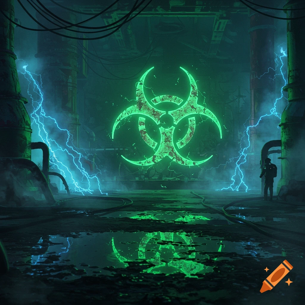 A glowing green biohazard symbol dominates a dark, mysterious industrial facility filled with pipes, wires, and blue electrical arcs, with a lone figure standing in the distance.