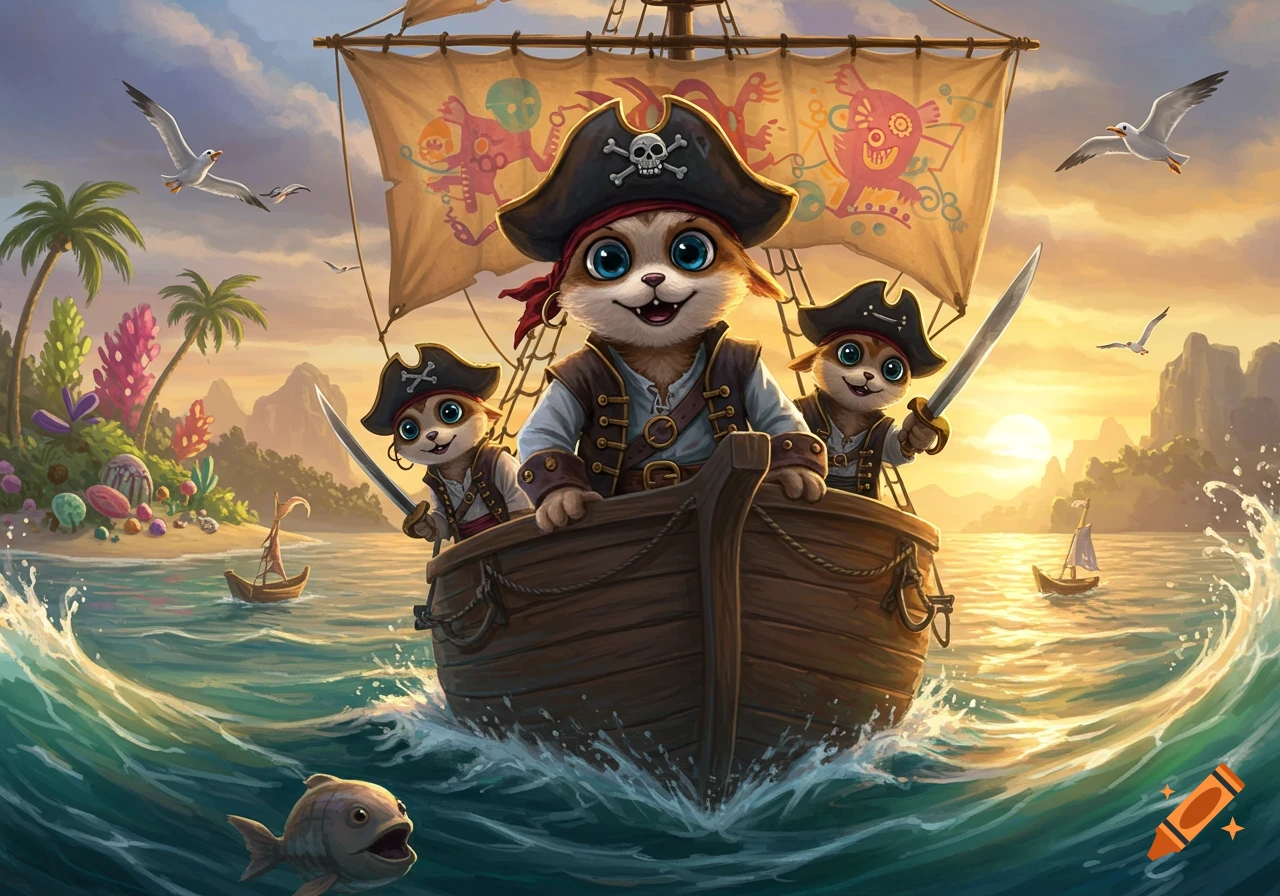 Three cute cartoon cats dressed as pirates sail a wooden boat on the ocean at sunset, with a tropical island in the background.