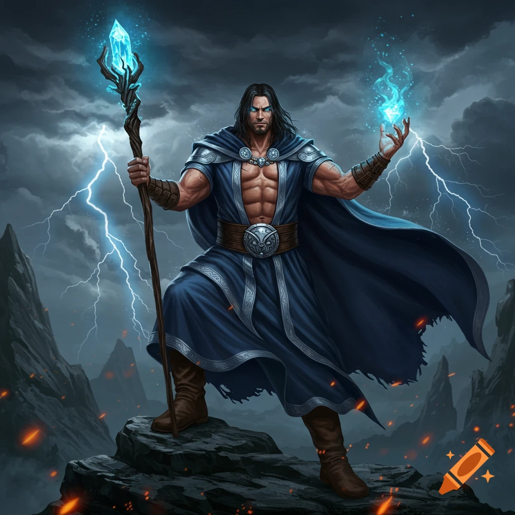 Muscular wizard on a stormy mountain peak, holding a glowing crystal staff and casting blue magic from his hand.