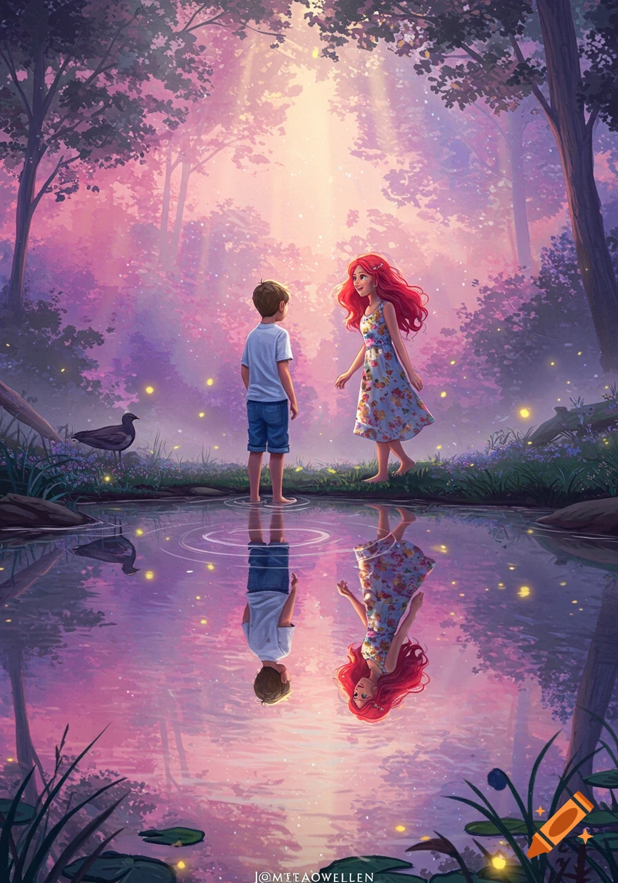 A boy and a girl stand in a magical, pink-purple forest pond, their reflections visible in the water, surrounded by glowing fireflies. Illustration style.