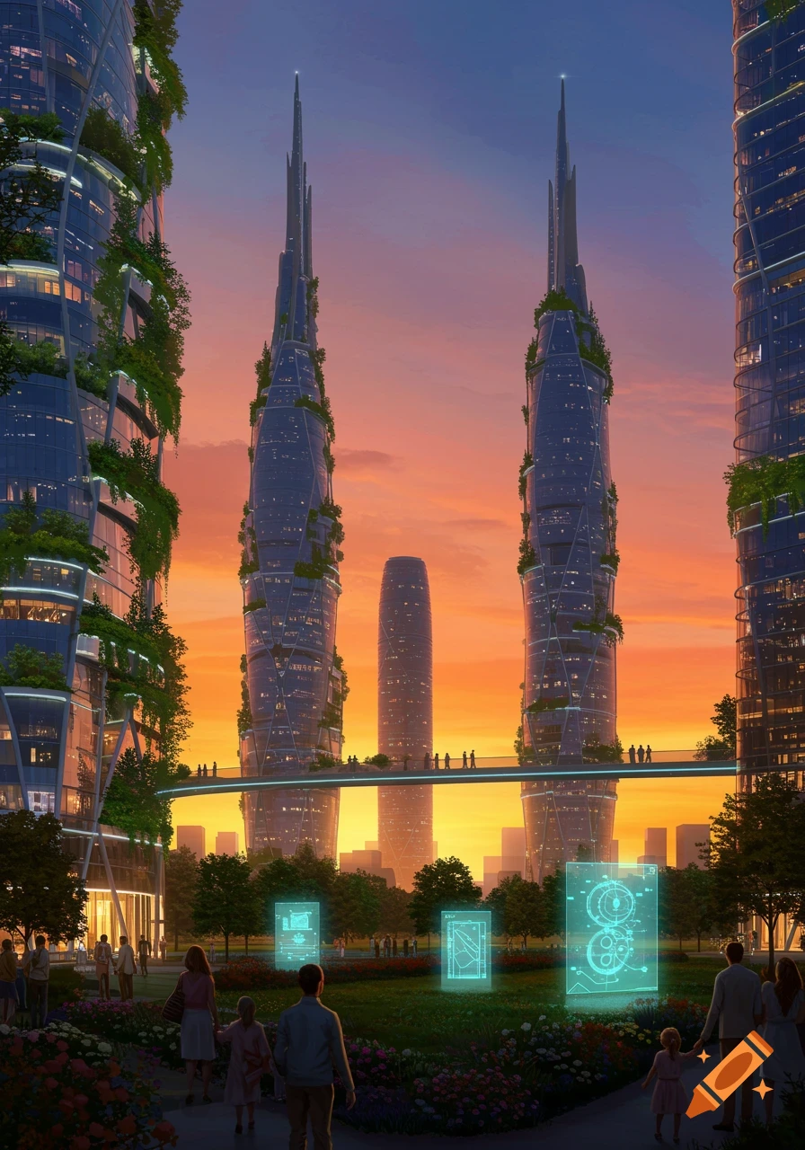A futuristic cityscape with tall, plant-covered skyscrapers and people walking in a park at sunset.