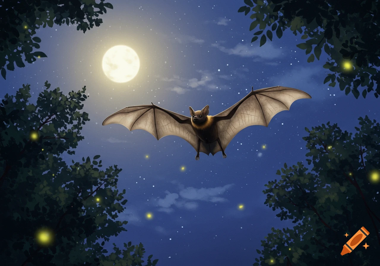 A bat flies under a full moon in a starry summer night sky, with trees and fireflies.
